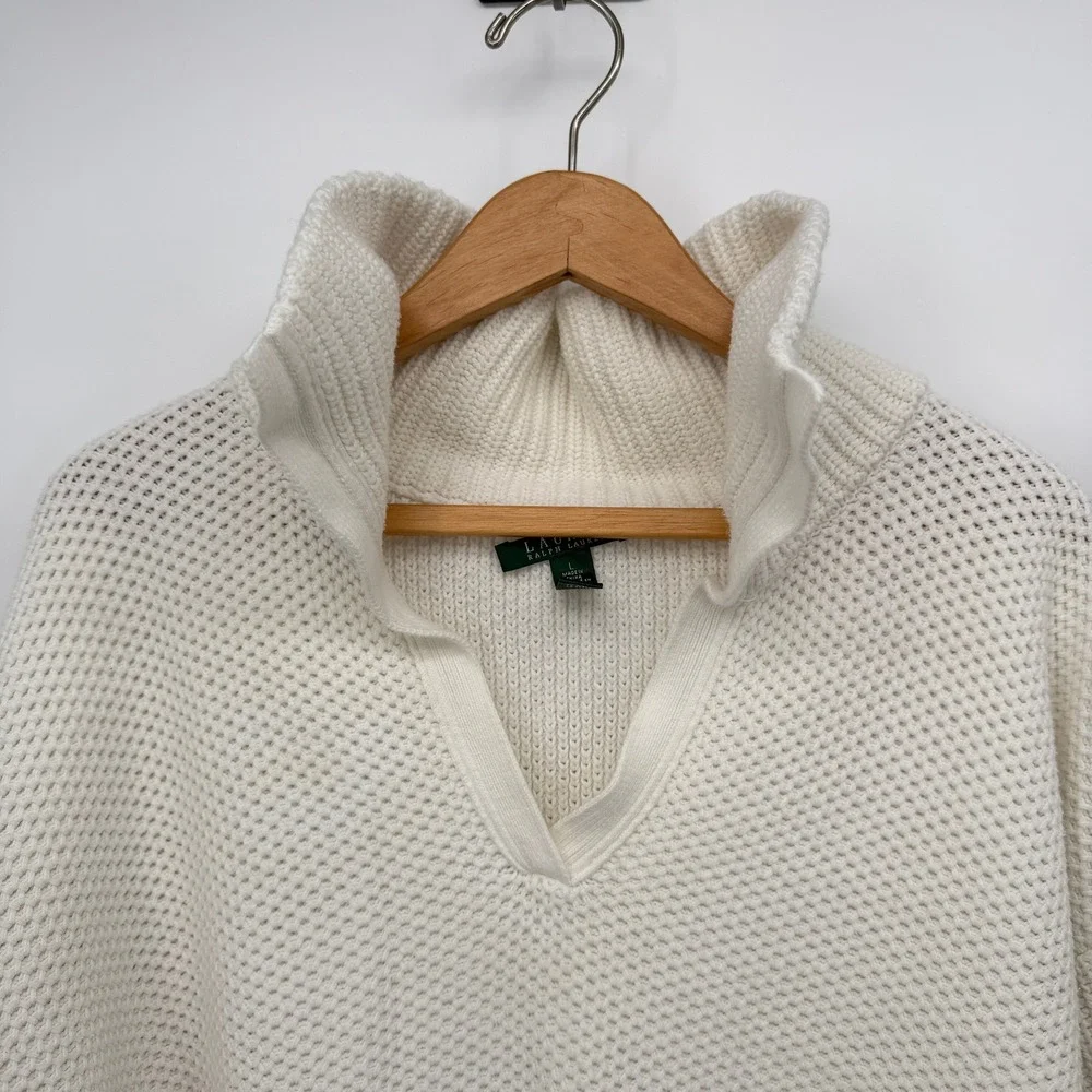 Lauren Ralph Lauren Preppy Sweater White Knit Split Neck Pullover Open Weave LG‎